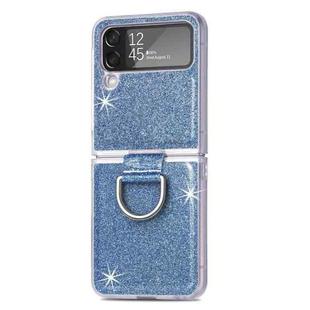 For Samsung Galaxy Z Flip4 Glitter Leather Skin PC Phone Case with Ring(Blue)