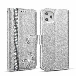 For iPhone 11 Pro Max Glitter Powder Butterfly Leather Phone Case (Silver)