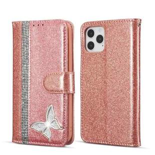 For iPhone 12 Pro Glitter Powder Butterfly Leather Phone Case(Rose Gold)