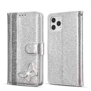 For iPhone 12 Pro Max Glitter Powder Butterfly Leather Phone Case(Silver)