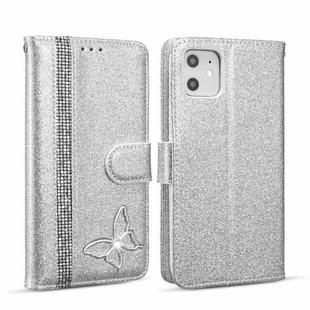 For iPhone 11 Glitter Powder Butterfly Leather Phone Case (Silver)