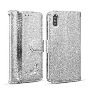 For iPhone X Glitter Powder Butterfly Leather Phone Case(Silver)