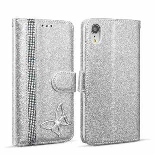 For iPhone XR Glitter Powder Butterfly Leather Phone Case(Silver)