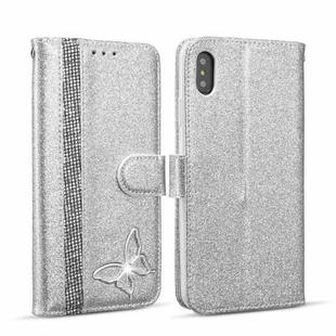 For iPhone XS Max Glitter Powder Butterfly Leather Phone Case(Silver)