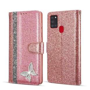 For Samsung Galaxy A21S Glitter Powder Butterfly Leather Phone Case(Rose Gold)