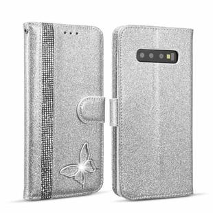 For Samsung Galaxy S10+ Glitter Powder Butterfly Leather Phone Case(Silver)