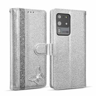 For Samsung Galaxy S20 Ultra Glitter Powder Butterfly Leather Phone Case(Silver)