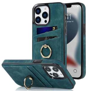 For iPhone 13 Pro Max Vintage Patch Leather Phone Case with Ring Holder (Blue)