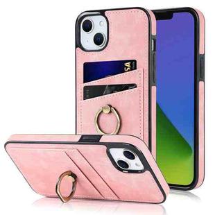 For iPhone 14 Vintage Patch Leather Phone Case with Ring Holder (Pink)