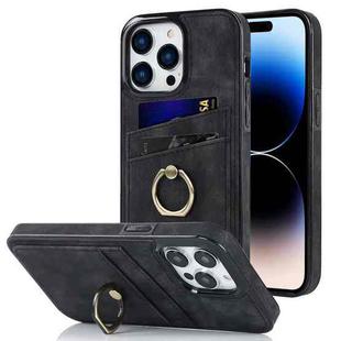 For iPhone 14 Pro Max Vintage Patch Leather Phone Case with Ring Holder (Black)