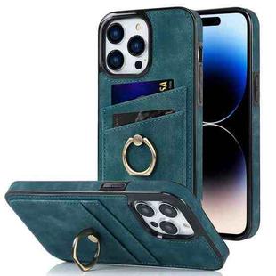 For iPhone 14 Pro Max Vintage Patch Leather Phone Case with Ring Holder (Blue)