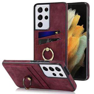 For Samsung Galaxy S21 Ultra 5G Vintage Patch Leather Phone Case with Ring Holder(Red)