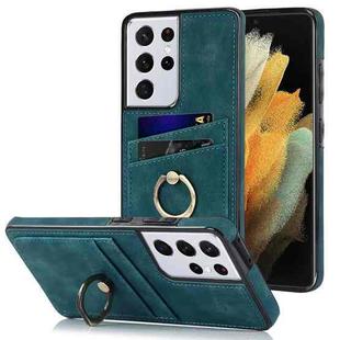 For Samsung Galaxy S21 Ultra 5G Vintage Patch Leather Phone Case with Ring Holder(Blue)