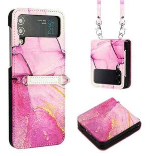For Samsung Galaxy Z Flip4 Crossbody Marble Pattern Leather Phone Case(Pink Purple Gold LS001)
