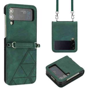 For Samsung Galaxy Z Flip4 Crossbody 3D Embossed Leather Phone Case(Dark Green)