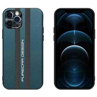 For iPhone 12 Pro Carbon Fiber Texture Plain Leather Phone Case(Dark Green)