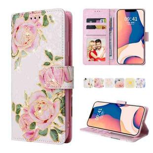 For iPhone 14 Bronzing Painting RFID Leather Case (Rose Flower)