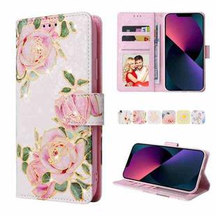 For iPhone 13 Bronzing Painting RFID Leather Case(Rose Flower)
