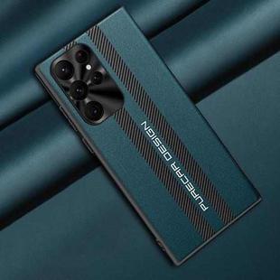 For Samsung Galaxy S22 Ultra 5G Carbon Fiber Texture Plain Leather Phone Case(Dark Green)