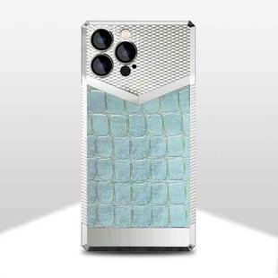 For iPhone 13 Crocodile Texture Electroplate Leather Phone Case(Silver+Sky Blue)