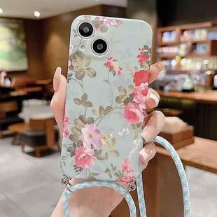 For iPhone 14 Plus Lanyard Small Floral TPU Phone Case (Mint Green)