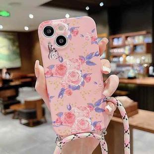 For iPhone 14 Plus Lanyard Small Floral TPU Phone Case (Pink)