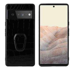 For Google Pixel 6 Pro Leather Back Phone Case with Holder(Black Crocodile Texture)