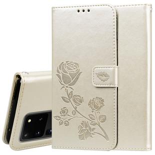 For Galaxy S20 Ultra Rose Embossed Horizontal Flip PU Leather Case with Holder & Card Slots & Wallet(Gold)