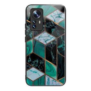 For Xiaomi 12 Pro Abstract Marble Pattern Glass Protective Case(Rhombus Dark Green)