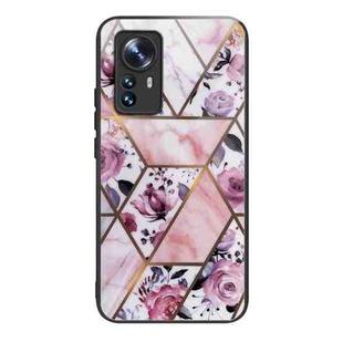 For Xiaomi 12 Pro Abstract Marble Pattern Glass Protective Case(Rhombus Rose)