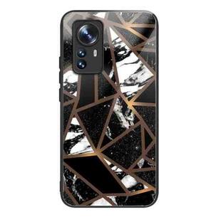 For Xiaomi 12 Pro Abstract Marble Pattern Glass Protective Case(Rhombus Black)
