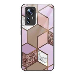 For Xiaomi 12 Pro Abstract Marble Pattern Glass Protective Case(Rhombus Orange Purple)