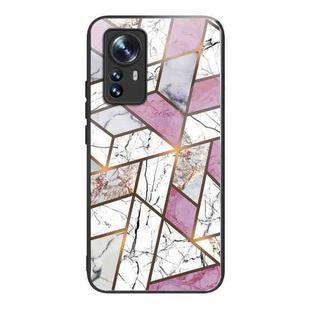 For Xiaomi 12 Pro Abstract Marble Pattern Glass Protective Case(Rhombus White Purple)