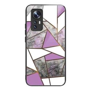 For Xiaomi 12X Abstract Marble Pattern Glass Protective Case(Rhombus Gray Purple)