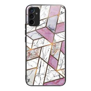 For Samsung Galaxy M13 4G Abstract Marble Pattern Glass Protective Case(Rhombus White Purple)