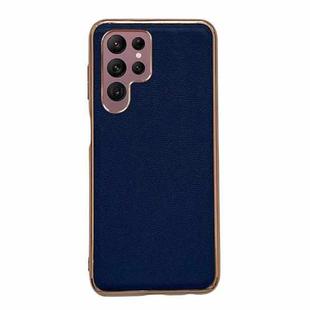 For Samsung Galaxy S22 Ultra 5G Genuine Leather Luolai Series Nano Electroplating Phone Case(Dark Blue)