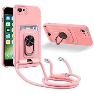 Ring Kickstand Card Wallet TPU Phone Case with Lanyard For iPhone 7/8/SE 2022 / SE 2020(Pink)