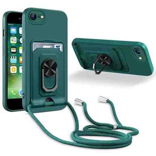 Ring Kickstand Card Wallet TPU Phone Case with Lanyard For iPhone 7/8/SE 2022 / SE 2020(Night Green)