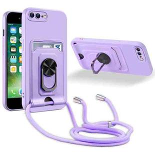 Ring Kickstand Card Wallet TPU Phone Case with Lanyard For iPhone 7 Plus/8 Plus(Purple)