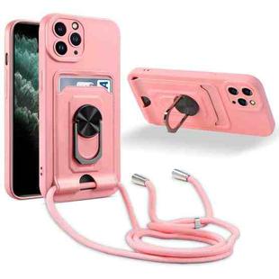 For iPhone 11 Pro Ring Kickstand Card Wallet TPU Phone Case with Lanyard (Pink)