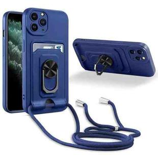 For iPhone 11 Pro Ring Kickstand Card Wallet TPU Phone Case with Lanyard (Blue)