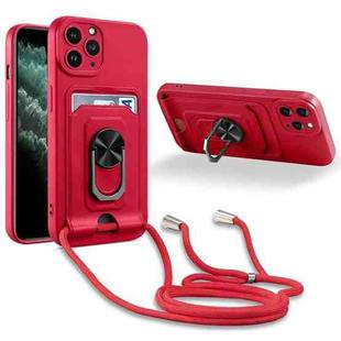 For iPhone 11 Pro Ring Kickstand Card Wallet TPU Phone Case with Lanyard (Red)