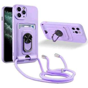 For iPhone 11 Pro Ring Kickstand Card Wallet TPU Phone Case with Lanyard (Purple)
