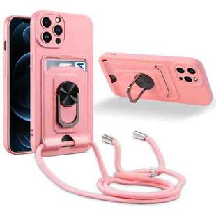 For iPhone 12 Pro Ring Kickstand Card Wallet TPU Phone Case with Lanyard(Pink)