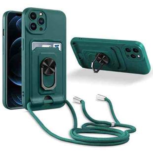 For iPhone 12 Pro Ring Kickstand Card Wallet TPU Phone Case with Lanyard(Night Green)