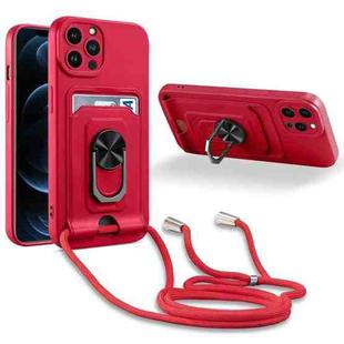 For iPhone 12 Pro Ring Kickstand Card Wallet TPU Phone Case with Lanyard(Red)