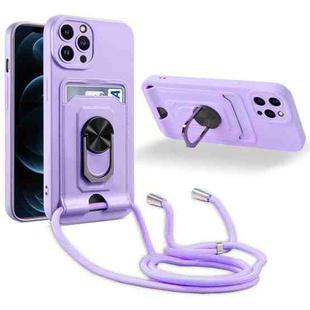 For iPhone 12 Pro Ring Kickstand Card Wallet TPU Phone Case with Lanyard(Purple)