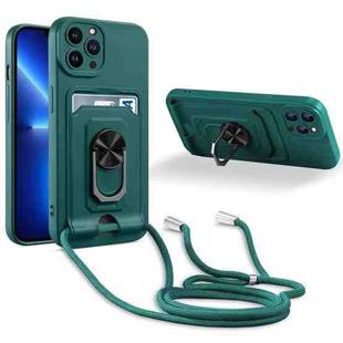 For iPhone 13 Pro Max Ring Kickstand Card Wallet TPU Phone Case with Lanyard (Night Green)