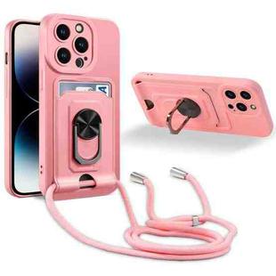 For iPhone 14 Pro Ring Kickstand Card Wallet TPU Phone Case with Lanyard(Pink)