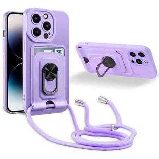 For iPhone 14 Pro Ring Kickstand Card Wallet TPU Phone Case with Lanyard(Purple)